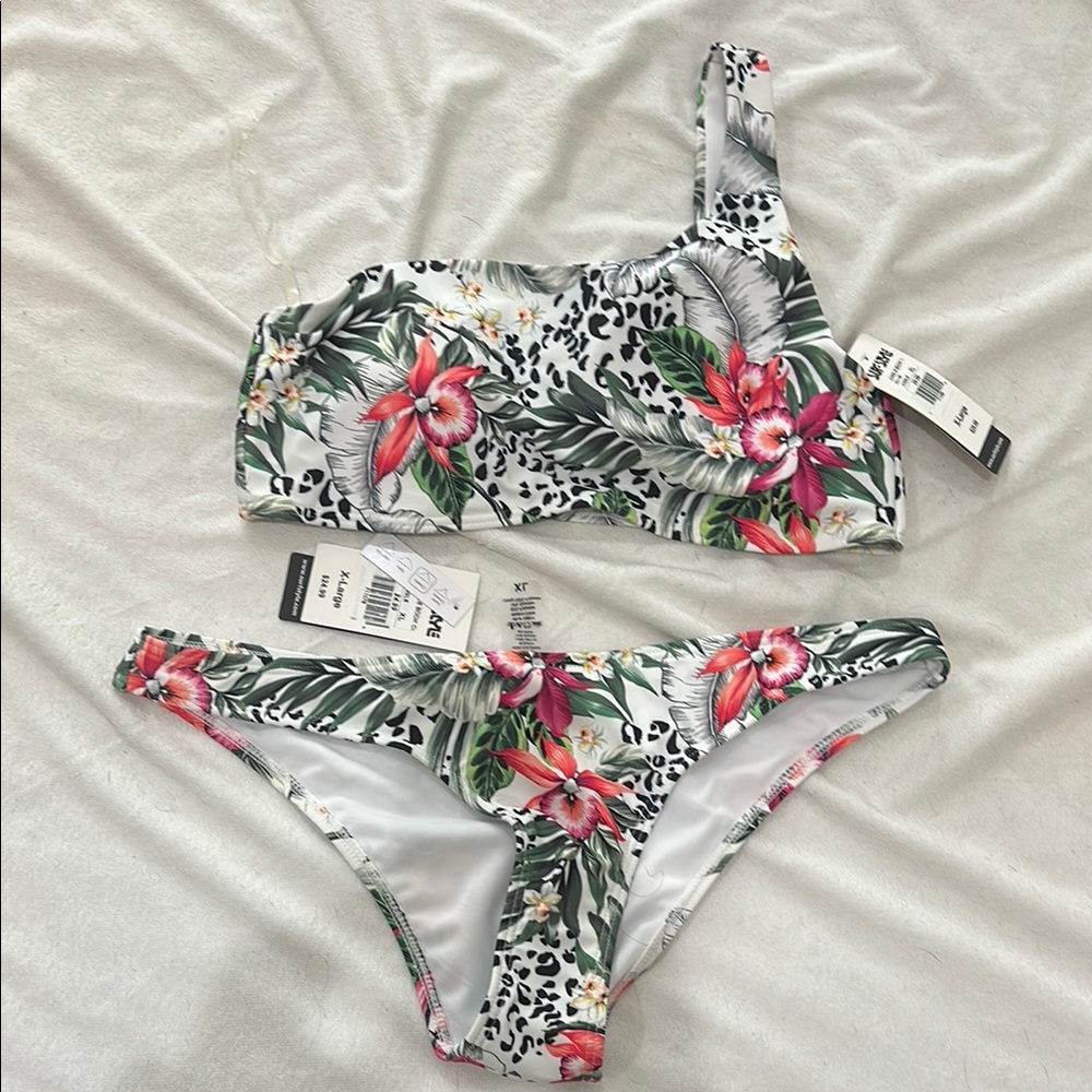 Surf Style Tropical Floral Bikini - Red and Green